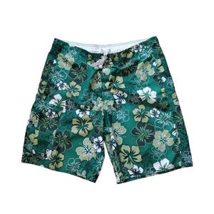 Joe Box Trunks Man Large Green St. Patrick Floral Hibiscus Swim Surfboard Shorts